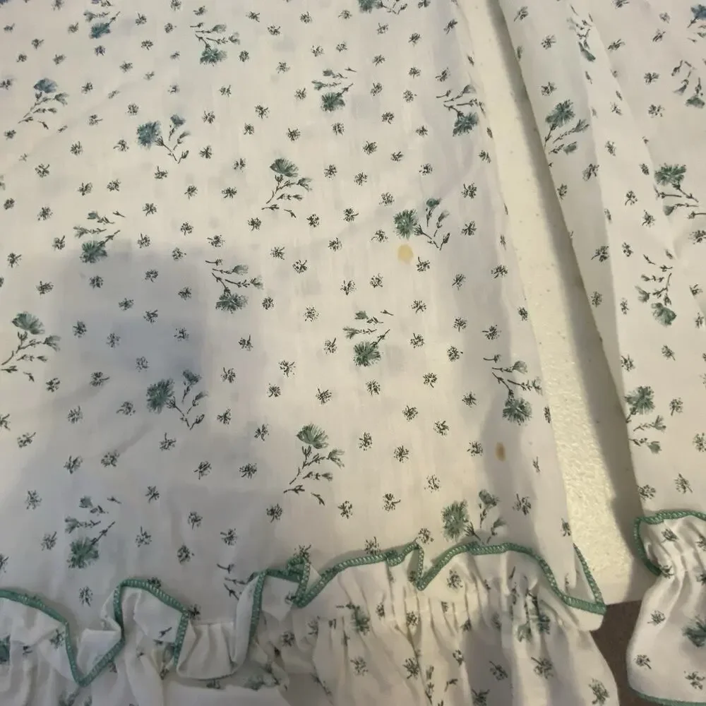 Vintage White Dainty Green Floral Curtains Valances Ruffles Cotton Cottage Home